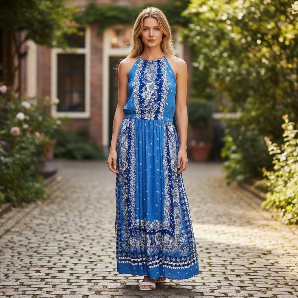 LOFT Maxi Dress Womens XXSP Blue Floral Halter Crossover Back Pocket Boho Summer